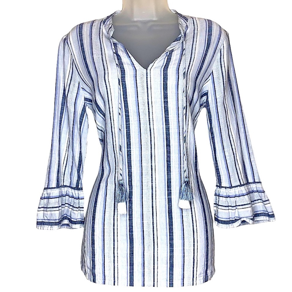 Nic + Zoe Linen Striped Split Neck Tassel Ruffle Cuff Top Blue White Nautical S